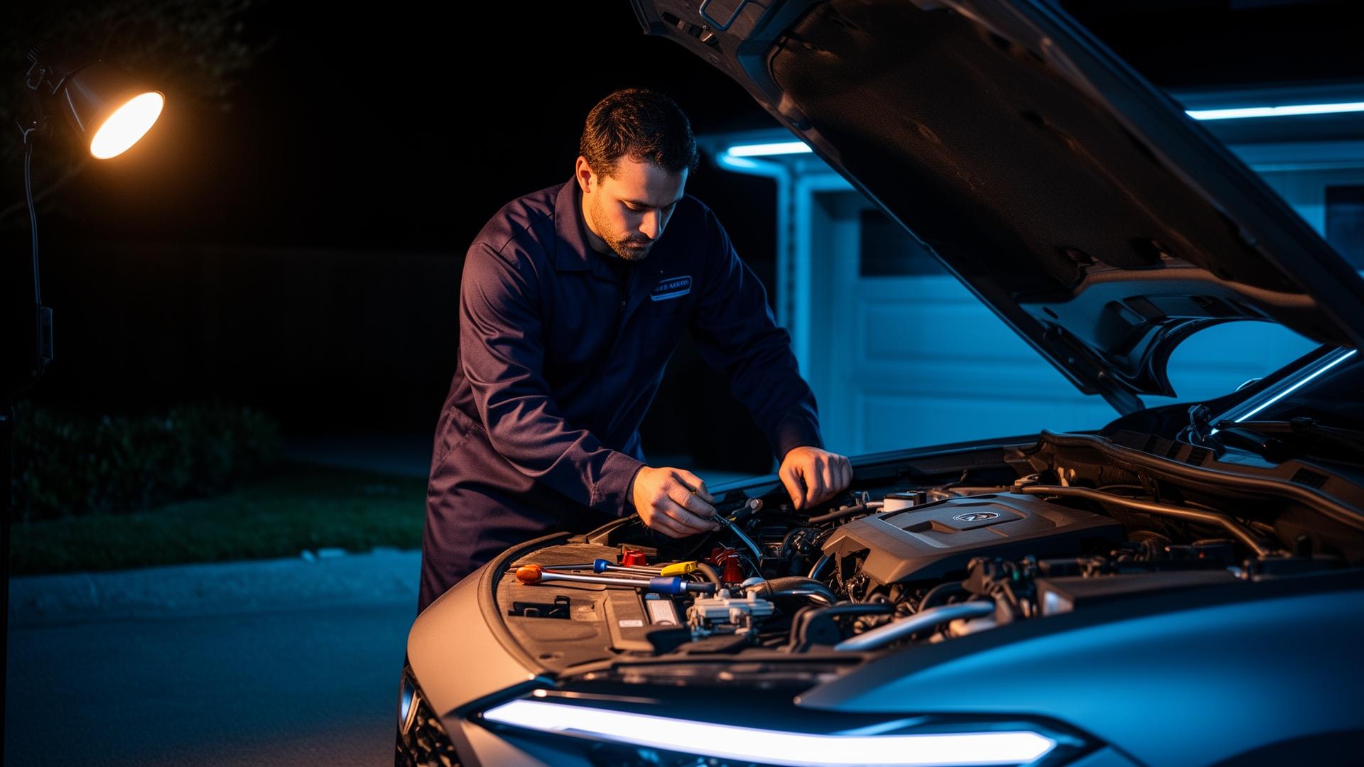 Mobile mechanic repairing a car at night in a driveway in Ottawa